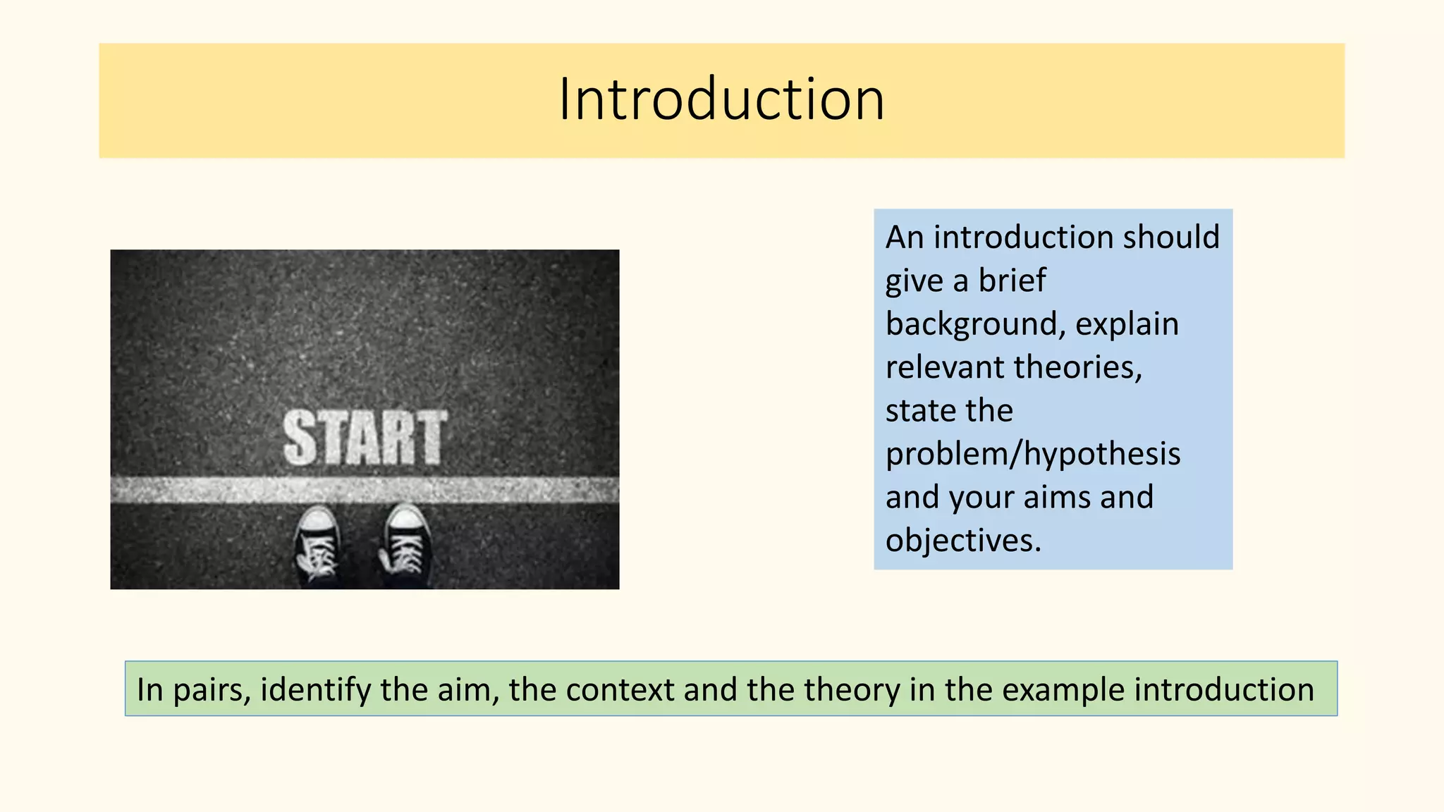 Introduction
An introduction should
give a brief
background, explain
relevant theories,
state the
problem/hypothesis
and your aims and
objectives.
In pairs, identify the aim, the context and the theory in the example introduction
 