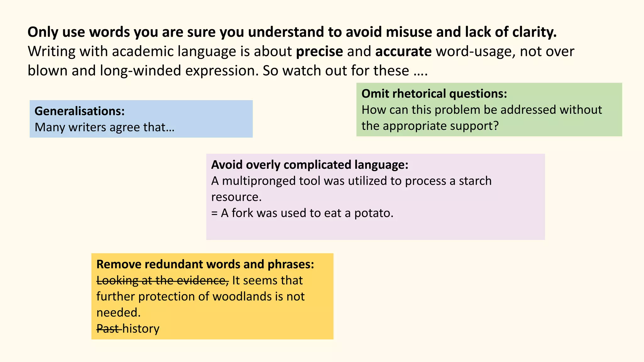 Generalisations:
Many writers agree that…
Omit rhetorical questions:
How can this problem be addressed without
the appropriate support?
Remove redundant words and phrases:
Looking at the evidence, It seems that
further protection of woodlands is not
needed.
Past history
Only use words you are sure you understand to avoid misuse and lack of clarity.
Writing with academic language is about precise and accurate word-usage, not over
blown and long-winded expression. So watch out for these ….
Avoid overly complicated language:
A multipronged tool was utilized to process a starch
resource.
= A fork was used to eat a potato.
 