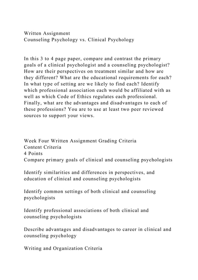Written assignmentcounseling psychology vs clinical psychology docx