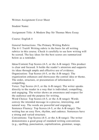 Written Assignment Cover Sheet
Student Name:
Assignment Title: A Modern Day Sir Thomas More Essay
Course: English 4
General Instructions: The Primary Writing Rubric
The 6+1 Trait® Writing rubric is the basis for all writing
rubrics in this course. Check it carefully to see how writing will
be scored. The key ideas for the best scores are summarized
below as a reminder.
Ideas/Content:Top Scores (4-5, or the A-B range): This product
is clear and focused. It holds the reader’s attention and supports
its ideas through ample and effective use of evidence.
Organization: Top Scores (4-5, or the A-B range): The
organization enhances and showcases the central idea or theme.
The order, structure, or presentation of information is
compelling.
Voice: Top Scores (4-5, or the A-B range): The writer speaks
directly to the reader in a way that is individual, compelling,
and engaging. The writer shows an awareness and respect for
the audience and the purpose for writing.
Word Choice: Top Scores (4-5, or the A-B range): Words
convey the intended message in a precise, interesting, and
natural way. The words are powerful and engaging.
Sentence Fluency: Top Scores (4-5, or the A-B range): The
writing has an easy flow, rhythm, and cadence. Sentences have
a strong and varied structure.
Conventions: Top Scores (4-5, or the A-B range): The writer
demonstrates a good grasp of standard writing conventions
(e.g., spelling, punctuation, capitalization, grammar, usage,
 