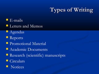 Types of WritingTypes of Writing
 E-mails
 Letters and Memos
 Agendas
 Reports
 Promotional Material
 Academic Documents
 Research (scientific) manuscripts
 Circulars
 Notices
 