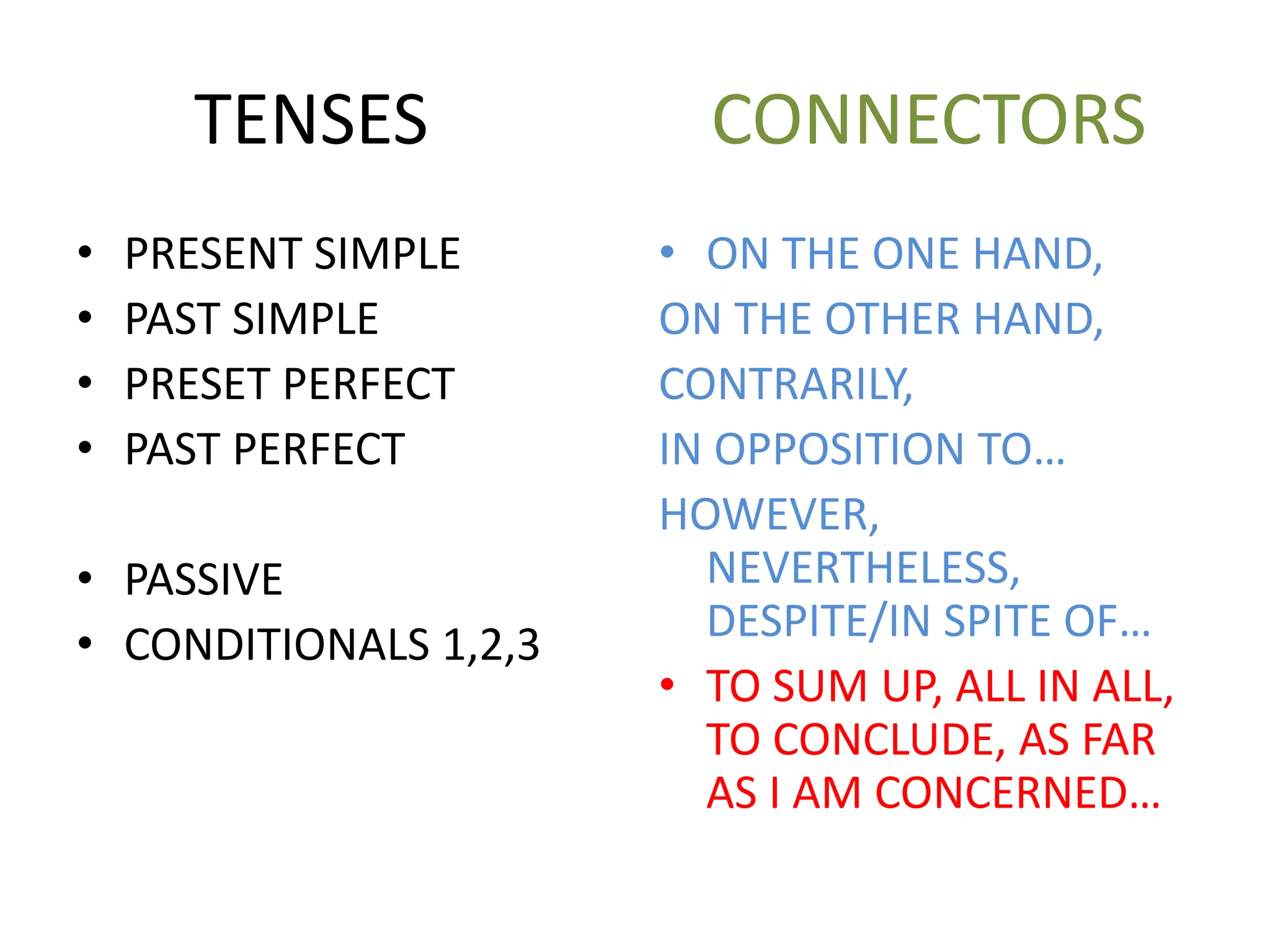 TENSES CONNECTORS
• PRESENT SIMPLE
• PAST SIMPLE
• PRESET PERFECT
• PAST PERFECT
• PASSIVE
• CONDITIONALS 1,2,3
• ON THE ONE HAND,
ON THE OTHER HAND,
CONTRARILY,
IN OPPOSITION TO…
HOWEVER,
NEVERTHELESS,
DESPITE/IN SPITE OF…
• TO SUM UP, ALL IN ALL,
TO CONCLUDE, AS FAR
AS I AM CONCERNED…
 