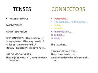 TENSES CONNECTORS
• PRESENT SIMPLE
PASSIVE VOICE
REPORTED SPEECH
OPINION VERBS: I think-believe…/
In my opinion…/The way I see it…/
As far as I am concerned…/
I totally (dis)agree/ I like-love-hate…
USE OF MODAL VERBS:
Should (n’t), must(n’t), have to (don’t
have to)…
• Personally,…
• For example,…/ For instance,…
• In fact,…
• Indeed,…
• In conclusion,…
To sum up,…
In short,…
The fact that…
It is clear-obvious that…
There is no doubt that…
We cannot deny the influence of…
on…
 
