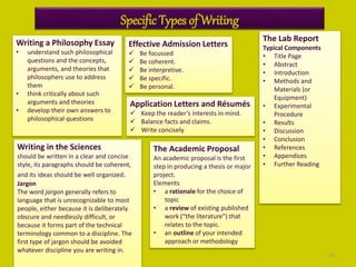 15
Specific Types of Writing
Writing a Philosophy Essay
• understand such philosophical
questions and the concepts,
arguments, and theories that
philosophers use to address
them
• think critically about such
arguments and theories
• develop their own answers to
philosophical questions
Writing in the Sciences
should be written in a clear and concise
style, its paragraphs should be coherent,
and its ideas should be well organized.
Jargon
The word jargon generally refers to
language that is unrecognizable to most
people, either because it is deliberately
obscure and needlessly difficult, or
because it forms part of the technical
terminology common to a discipline. The
first type of jargon should be avoided
whatever discipline you are writing in.
Effective Admission Letters
 Be focussed
 Be coherent.
 Be interpretive.
 Be specific.
 Be personal.
Application Letters and Résumés
 Keep the reader’s interests in mind.
 Balance facts and claims.
 Write concisely
The Academic Proposal
An academic proposal is the first
step in producing a thesis or major
project.
Elements
• a rationale for the choice of
topic
• a review of existing published
work (“the literature”) that
relates to the topic.
• an outline of your intended
approach or methodology
The Lab Report
Typical Components
• Title Page
• Abstract
• Introduction
• Methods and
Materials (or
Equipment)
• Experimental
Procedure
• Results
• Discussion
• Conclusion
• References
• Appendices
• Further Reading
 