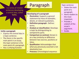 ParagraphIs a series of related
sentences developing
a central idea, called
TOPIC.
Unify a paragraph
• Espress the central idea in
a topic sentence.
• The thesis is the specific
main point in an essay,
the topic sentence is the
main point of a paragraph.
• Has a unifying function.
Developing of a paragraph
• Illustration: Supports a general
statement by meas of examples,
details, or relevant quotations.
• Definition paragraph : Defines
terms.
• Analysis or classification: Develops
a topic by distinguishing its
components parts.
• Comparison os contrast: Zeroes in
on a key similarity or difference
between two sources, positions or
ideas.
• Qualificaion: Acknowledges that
what you previously asserted is not
absolutely true.
• Proccess: Chronological sequence.
Topic sentence
• States the main
point of a
paragraph.
• Alerts readers to
the most
important.
• Provide a
scketch of the
essay’s
argument.
• Guide.
8
 