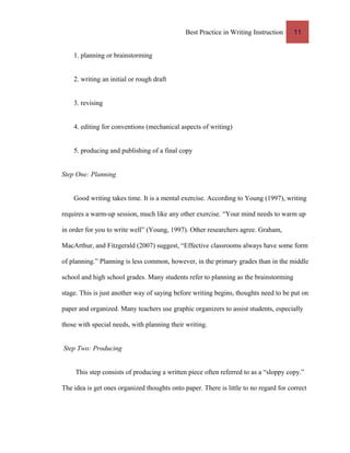 Best Practice in Writing Instruction 11
1. planning or brainstorming
2. writing an initial or rough draft
3. revising
4. editing for conventions (mechanical aspects of writing)
5. producing and publishing of a final copy
Step One: Planning
Good writing takes time. It is a mental exercise. According to Young (1997), writing
requires a warm-up session, much like any other exercise. “Your mind needs to warm up
in order for you to write well” (Young, 1997). Other researchers agree. Graham,
MacArthur, and Fitzgerald (2007) suggest, “Effective classrooms always have some form
of planning.” Planning is less common, however, in the primary grades than in the middle
school and high school grades. Many students refer to planning as the brainstorming
stage. This is just another way of saying before writing begins, thoughts need to be put on
paper and organized. Many teachers use graphic organizers to assist students, especially
those with special needs, with planning their writing.
Step Two: Producing
This step consists of producing a written piece often referred to as a “sloppy copy.”
The idea is get ones organized thoughts onto paper. There is little to no regard for correct
 