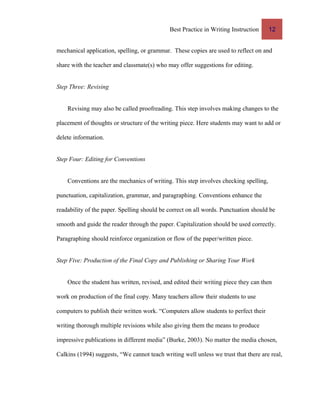 Best Practice in Writing Instruction 12
mechanical application, spelling, or grammar. These copies are used to reflect on and
share with the teacher and classmate(s) who may offer suggestions for editing.
Step Three: Revising
Revising may also be called proofreading. This step involves making changes to the
placement of thoughts or structure of the writing piece. Here students may want to add or
delete information.
Step Four: Editing for Conventions
Conventions are the mechanics of writing. This step involves checking spelling,
punctuation, capitalization, grammar, and paragraphing. Conventions enhance the
readability of the paper. Spelling should be correct on all words. Punctuation should be
smooth and guide the reader through the paper. Capitalization should be used correctly.
Paragraphing should reinforce organization or flow of the paper/written piece.
Step Five: Production of the Final Copy and Publishing or Sharing Your Work
Once the student has written, revised, and edited their writing piece they can then
work on production of the final copy. Many teachers allow their students to use
computers to publish their written work. “Computers allow students to perfect their
writing thorough multiple revisions while also giving them the means to produce
impressive publications in different media” (Burke, 2003). No matter the media chosen,
Calkins (1994) suggests, “We cannot teach writing well unless we trust that there are real,
 