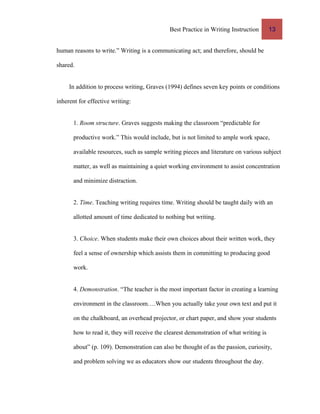 Best Practice in Writing Instruction 13
human reasons to write.” Writing is a communicating act; and therefore, should be
shared.
In addition to process writing, Graves (1994) defines seven key points or conditions
inherent for effective writing:
1. Room structure. Graves suggests making the classroom “predictable for
productive work.” This would include, but is not limited to ample work space,
available resources, such as sample writing pieces and literature on various subject
matter, as well as maintaining a quiet working environment to assist concentration
and minimize distraction.
2. Time. Teaching writing requires time. Writing should be taught daily with an
allotted amount of time dedicated to nothing but writing.
3. Choice. When students make their own choices about their written work, they
feel a sense of ownership which assists them in committing to producing good
work.
4. Demonstration. “The teacher is the most important factor in creating a learning
environment in the classroom….When you actually take your own text and put it
on the chalkboard, an overhead projector, or chart paper, and show your students
how to read it, they will receive the clearest demonstration of what writing is
about” (p. 109). Demonstration can also be thought of as the passion, curiosity,
and problem solving we as educators show our students throughout the day.
 