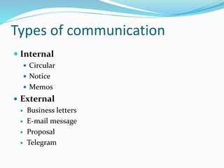 Types of communication
 Internal
 Circular
 Notice
 Memos
 External
 Business letters
 E-mail message
 Proposal
 Telegram
 