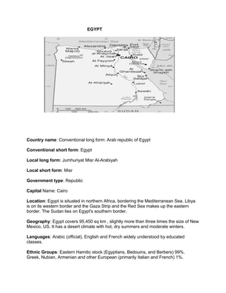 EGYPT

Country name: Conventional long form: Arab republic of Egypt
Conventional short form: Egypt
Local long form: Jumhuriyat Misr Al-Arabiyah
Local short form: Misr
Government type: Republic
Capital Name: Cairo
Location: Egypt is situated in northern Africa, bordering the Mediterranean Sea. Libya
is on its western border and the Gaza Strip and the Red Sea makes up the eastern
border. The Sudan lies on Egypt's southern border.
Geography: Egypt covers 95,450 sq km , slightly more than three times the size of New
Mexico, US. It has a desert climate with hot, dry summers and moderate winters.
Languages: Arabic (official), English and French widely understood by educated
classes.
Ethnic Groups: Eastern Hamitic stock (Egyptians, Bedouins, and Berbers) 99%.
Greek, Nubian, Armenian and other European (primarily Italian and French) 1%.

 