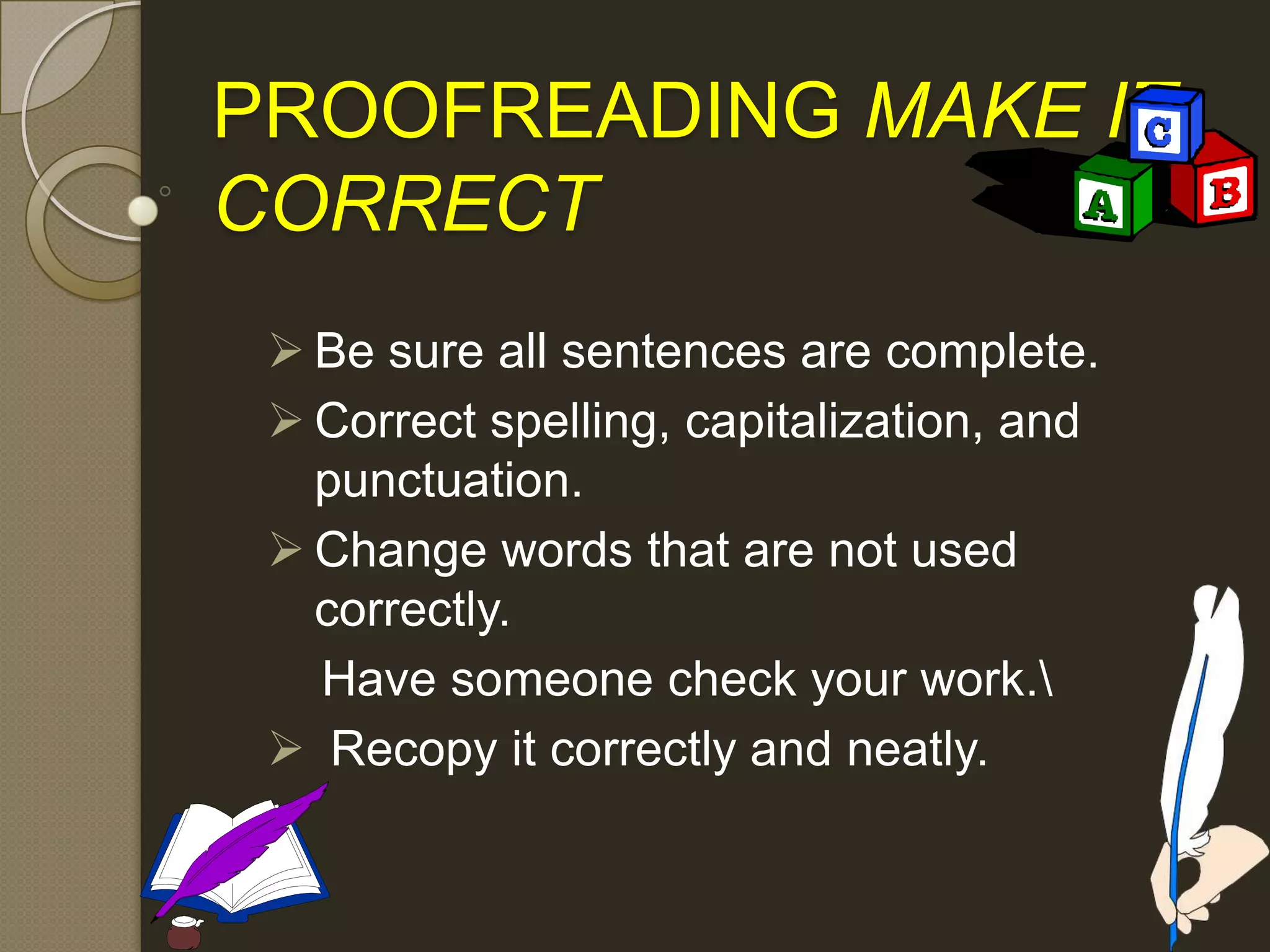 PROOFREADING MAKE IT
CORRECT
 Be sure all sentences are complete.
 Correct spelling, capitalization, and
punctuation.
 Change words that are not used
correctly.
Have someone check your work.
 Recopy it correctly and neatly.
 