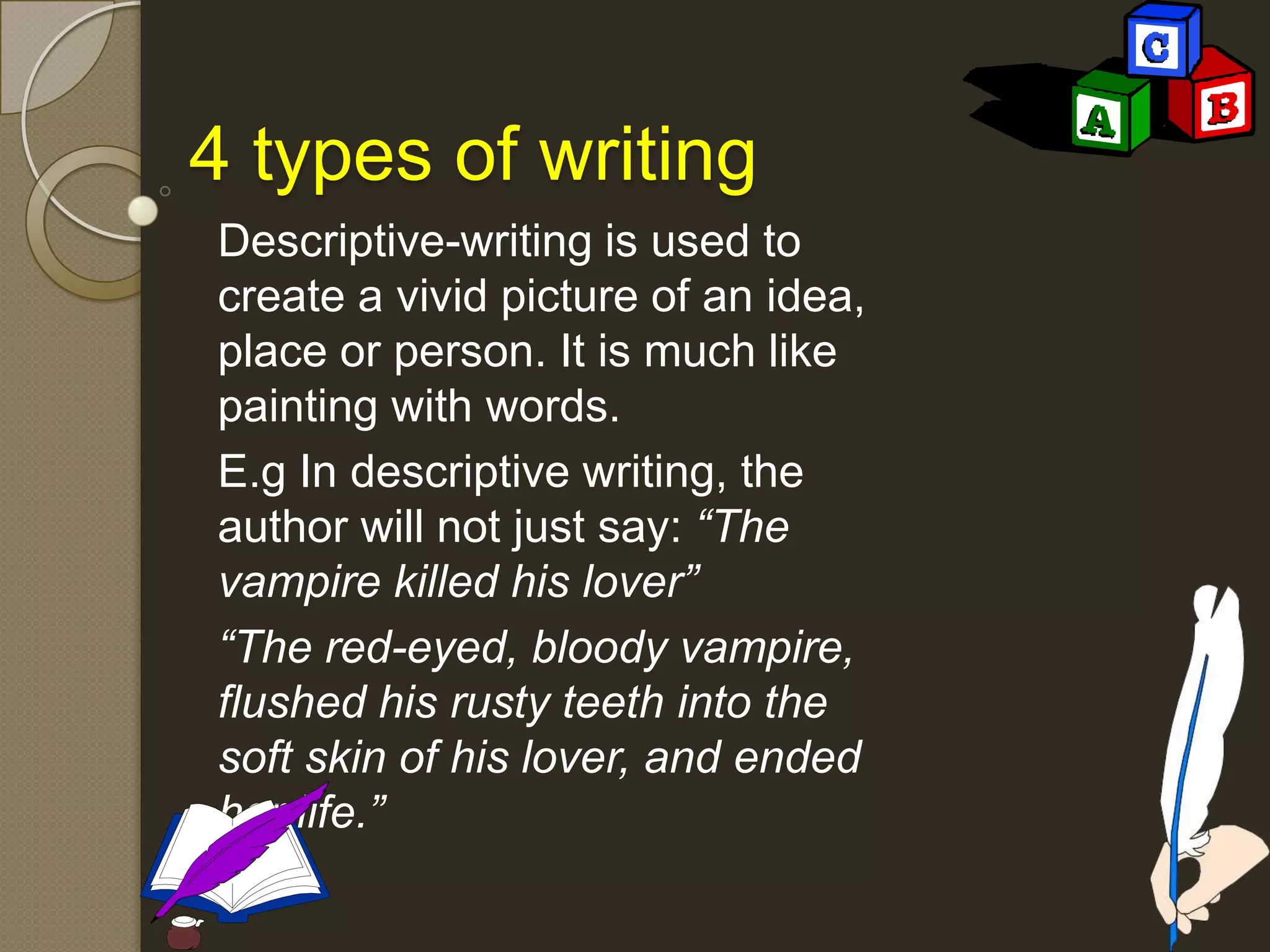 4 types of writing
Descriptive-writing is used to
create a vivid picture of an idea,
place or person. It is much like
painting with words.
E.g In descriptive writing, the
author will not just say: “The
vampire killed his lover”
“The red-eyed, bloody vampire,
flushed his rusty teeth into the
soft skin of his lover, and ended
her life.”
 
