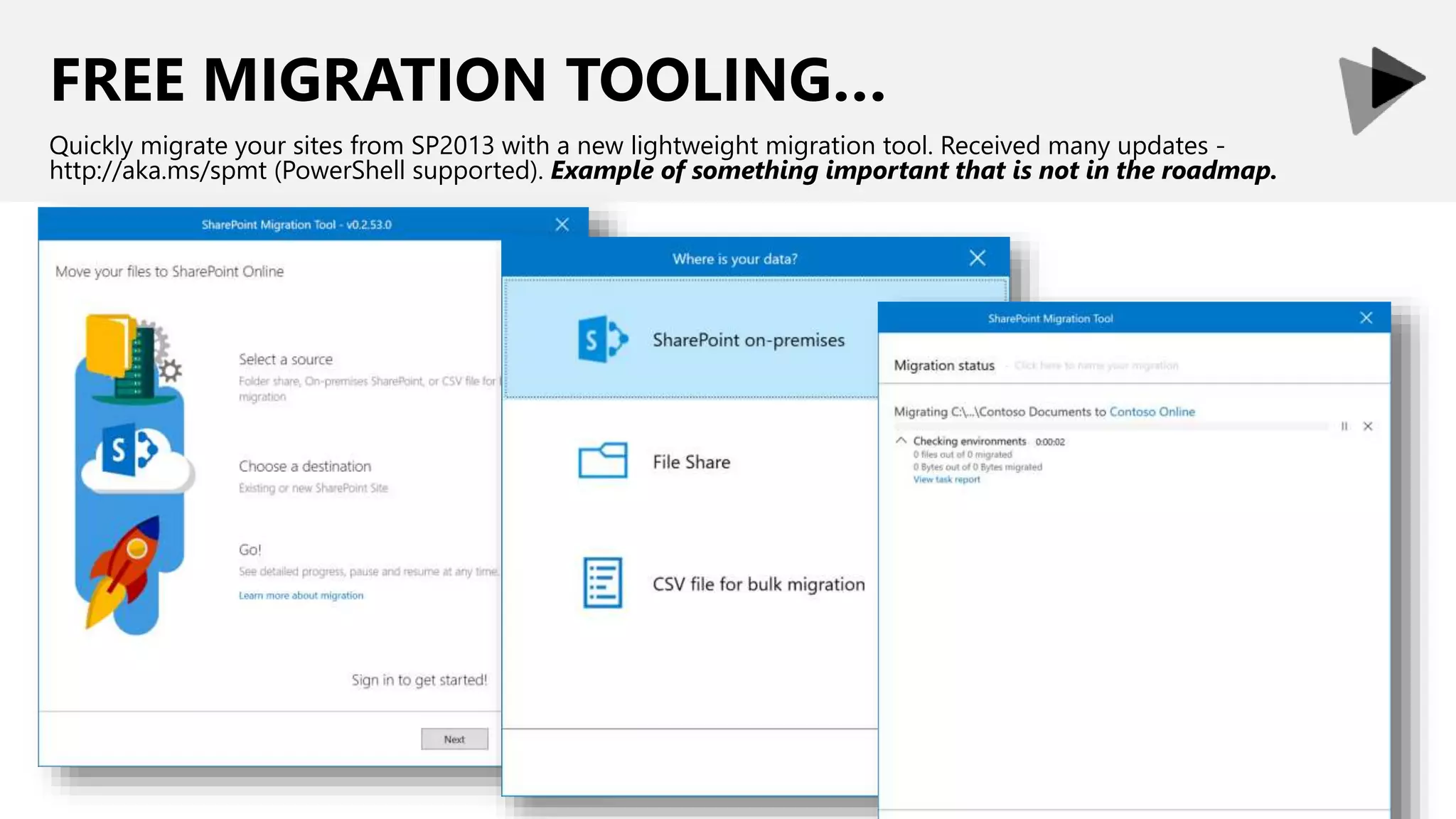 FREE MIGRATION TOOLING…
Quickly migrate your sites from SP2013 with a new lightweight migration tool. Received many updates -
http://aka.ms/spmt (PowerShell supported). Example of something important that is not in the roadmap.
 