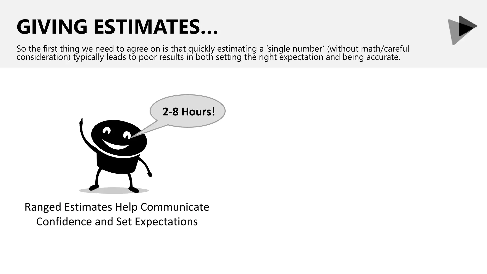 GIVING ESTIMATES…
So the first thing we need to agree on is that quickly estimating a ‘single number’ (without math/careful
consideration) typically leads to poor results in both setting the right expectation and being accurate.
Ranged Estimates Help Communicate
Confidence and Set Expectations
2-8 Hours!
 
