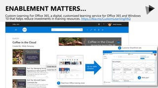 ENABLEMENT MATTERS…
Custom Learning For Office 365, a digital, customized learning service for Office 365 and Windows
10 that helps reduce investments in training resources. https://Aka.ms/CustomLearningFAQ
 