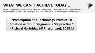 WHAT WE CAN’T ACHIEVE TODAY…
While I can provide ideas, advice, tools, and techniques I can’t provide you a tailored and
targeted prescription. That’s why you and I should have a 1:1 following this workshop. 
“Prescription of a Technology Practice Or
Solution without Diagnosis is Malpractice.”
- Richard Harbridge (@Rharbridge), 2018 
 