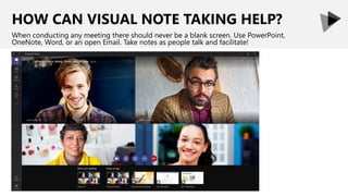 HOW CAN VISUAL NOTE TAKING HELP?
When conducting any meeting there should never be a blank screen. Use PowerPoint,
OneNote, Word, or an open Email. Take notes as people talk and facilitate!
 