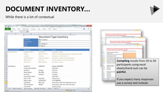 DOCUMENT INVENTORY…
While there is a lot of contextual
Compiling results from 20 to 50
participants using excel
sheets/hand outs can be
painful.
If you expect many responses
use a survey tool instead.
 