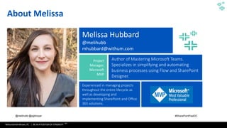 WithumSmith+Brown, PC | BE IN A POSITION OF STRENGTH
2
SM
@melihubb @pgbhoyar #SharePointFestDC
About Melissa
Melissa Hubbard
@melihubb
mhubbard@withum.com
Project
Manager,
Microsoft
MVP
Author of Mastering Microsoft Teams.
Specializes in simplifying and automating
business processes using Flow and SharePoint
Designer.
Experienced in managing projects
throughout the entire lifecycle as
well as developing and
implementing SharePoint and Office
365 solutions.
 