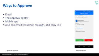 WithumSmith+Brown, PC | BE IN A POSITION OF STRENGTH
58
SM
@melihubb @pgbhoyar #SharePointFestDC
Ways to Approve
• Email
• The approval center
• Mobile app
• Also can email requestor, reassign, and copy link
 