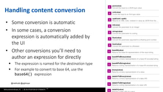 WithumSmith+Brown, PC | BE IN A POSITION OF STRENGTH
79
SM
@melihubb @pgbhoyar #SharePointFestDC
Handling content conversion
• Some conversion is automatic
• In some cases, a conversion
expression is automatically added by
the UI
• Other conversions you’ll need to
author an expression for directly
▪ The expression is named for the destination type
▪ For example to convert to base 64, use the
base64() expression
 