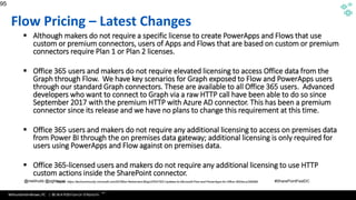 WithumSmith+Brown, PC | BE IN A POSITION OF STRENGTH
95
SM
@melihubb @pgbhoyar #SharePointFestDC
Flow Pricing – Latest Changes
▪ Although makers do not require a specific license to create PowerApps and Flows that use
custom or premium connectors, users of Apps and Flows that are based on custom or premium
connectors require Plan 1 or Plan 2 licenses.
▪ Office 365 users and makers do not require elevated licensing to access Office data from the
Graph through Flow. We have key scenarios for Graph exposed to Flow and PowerApps users
through our standard Graph connectors. These are available to all Office 365 users. Advanced
developers who want to connect to Graph via a raw HTTP call have been able to do so since
September 2017 with the premium HTTP with Azure AD connector. This has been a premium
connector since its release and we have no plans to change this requirement at this time.
▪ Office 365 users and makers do not require any additional licensing to access on premises data
from Power BI through the on premises data gateway; additional licensing is only required for
users using PowerApps and Flow against on premises data.
▪ Office 365-licensed users and makers do not require any additional licensing to use HTTP
custom actions inside the SharePoint connector.
95
Source :https://azure.microsoft.com/en-us/documentation/articles/app-service-logic-what-are-logic-
apps/
Source :https://techcommunity.microsoft.com/t5/Office-Retirement-Blog/UPDATED-Updates-to-Microsoft-Flow-and-PowerApps-for-Office-365/ba-p/289589
 