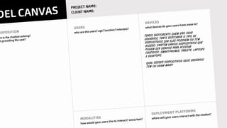 TENDO DESCOBERTO QUEM SÃO SEUS
USUÁRIOS, TENTE DESCOBRIR O TIPO DE
DISPOSITIVOS QUE ELES POSSUEM OU TÊM
ACESSO. EXISTEM VÁRIOS DISPOSITIVOS QUE
PODEM SER USADOS PARA ACESSAR
CHATBOTS: SMARTPHONES, TABLETS, LAPTOPS
E DESKTOPS.
QUAL DESSES DISPOSITIVOS SEUS USUÁRIOS
TÊM OU USAM MAIS?
 