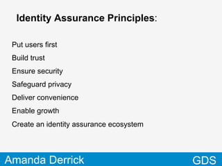 Identity Assurance Principles:

 Put users first
 Build trust
 Ensure security
 Safeguard privacy
 Deliver convenience
 En...