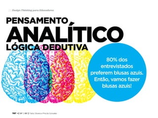 TRT • | SP | BR | Fabio Silveira e Priscila Gonsales
Design Thinking para Educadores20
pensamento
lógica dedutiva
analítico
80% dos
entrevistados
preferem blusas azuis.
Então, vamos fazer
blusas azuis!
 