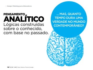 TRT • | SP | BR | Fabio Silveira e Priscila Gonsales
Design Thinking para Educadores22
pensamento
Lógicas construídas
sobre o conhecido,
com base no passado.
analítico
… MAS, QUANTO
TEMPO DURA UMA
VERDADE NO MUNDO
CONTEMPORÂNEO?
 