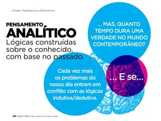 TRT • | SP | BR | Fabio Silveira e Priscila Gonsales
Design Thinking para Educadores23
Cada vez mais
os problemas do
nosso dia entram em
conflito com as lógicas
indutiva/dedutiva.
pensamento
Lógicas construídas
sobre o conhecido,
com base no passado.
analítico
… MAS, QUANTO
TEMPO DURA UMA
VERDADE NO MUNDO
CONTEMPORÂNEO?
… E se…… E se…
 
