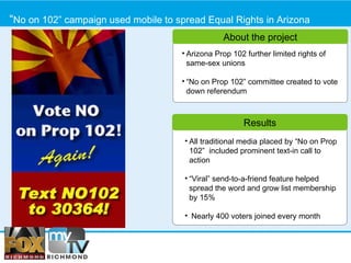 “ No on 102” campaign used mobile to spread Equal Rights in Arizona About the project Results Arizona Prop 102 further limited rights of same-sex unions “ No on Prop 102” committee created to vote down referendum All traditional media placed by “No on Prop 102”  included prominent text-in call to action “ Viral” send-to-a-friend feature helped spread the word and grow list membership by 15% Nearly 400 voters joined every month  