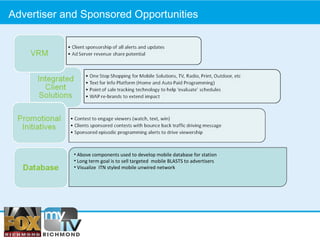 Advertiser and Sponsored Opportunities Above components used to develop mobile database for station Long term goal is to sell targeted  mobile BLASTS to advertisers Visualize  ITN styled mobile unwired network 