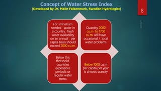 Concept of Water Stress Index
(Developed by Dr. Malin Falkenmark, Swedish Hydrologist)
For minimum
needed water in
a country, fresh
water availability
on an annual per
capita basis should
exceed 2000 cu.m.
Quantity 2000
cu.m to 1700
cu.m. will have
occasional / local
water problems
Below this
threshold,
countries
experience
periodic or
regular water
stress
Below 1000 cu.m
per capita per year
is chronic scarcity
8
 