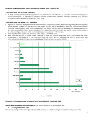 Mohammad Mohaiminul Islam (Bappy)
MS 2018, GES, CU
17
Q: Explain the water utilization in agricultural sector in details in the context of BD.
Agricultural Water Use- FAO 2008 estimation:
 In 2008, total harvested irrigated cropped area was estimated at 5.98 million ha, of which the most important crops are
rice accounting for 4.34 million ha (73 percent), wheat 0.31 million ha (5 percent), potatoes 0.26 million ha (4 percent)
and vegetables 0.24 million ha (4 percent) (FAO, 2008).
Agricultural Water Use- WARPO 2011 estimation:
 Agriculture sector has the highest annual water demand in Bangladesh (33 km3). North-West region has the most irrigation
water demand (11.4 km3) as the region has the highest irrigated area in Bangladesh. North-East and South-East region
have the lowest irrigation water demand (about 4.3 km3 each). Western region of Bangladesh is severely affected by
low water availability in the dry season. Also South-West region faces salinity intrusion and arsenic contamination problem
in surface and groundwater, which has limited irrigation development in that region.
 Crop irrigation is the largest user of surface water (about 6.2 km3 per year).
 Rice cultivation which is by far the largest consumer of water has a rather small water productivity. Overall rice water
productivity in Bangladesh is in the range of 0.306–0.459 kg/m3 which is relatively low both by South Asian and
international standards. It is also characterized by significant variation across the districts.
Source: FAO, 2008
Q: Explain the consequences of over extraction of ground water in the context of BD.
Ground water over extraction consequences: The effects of overuse of groundwater are-
 Lowering of the Water Table
Excessive pumping can lower the groundwater table, and cause wells to no longer be able to reach groundwater.
 