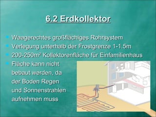 6.2 Erdkollektor6.2 Erdkollektor
 Waagerechtes großflächiges RohrsystemWaagerechtes großflächiges Rohrsystem
 Verlegung unterhalb der Frostgrenze 1-1.5mVerlegung unterhalb der Frostgrenze 1-1.5m
 200-250m² Kollektorenfläche für Einfamilienhaus200-250m² Kollektorenfläche für Einfamilienhaus
 Fläche kann nichtFläche kann nicht
bebaut werden, dabebaut werden, da
der Boden Regender Boden Regen
und Sonnenstrahlenund Sonnenstrahlen
aufnehmen mussaufnehmen muss
 
