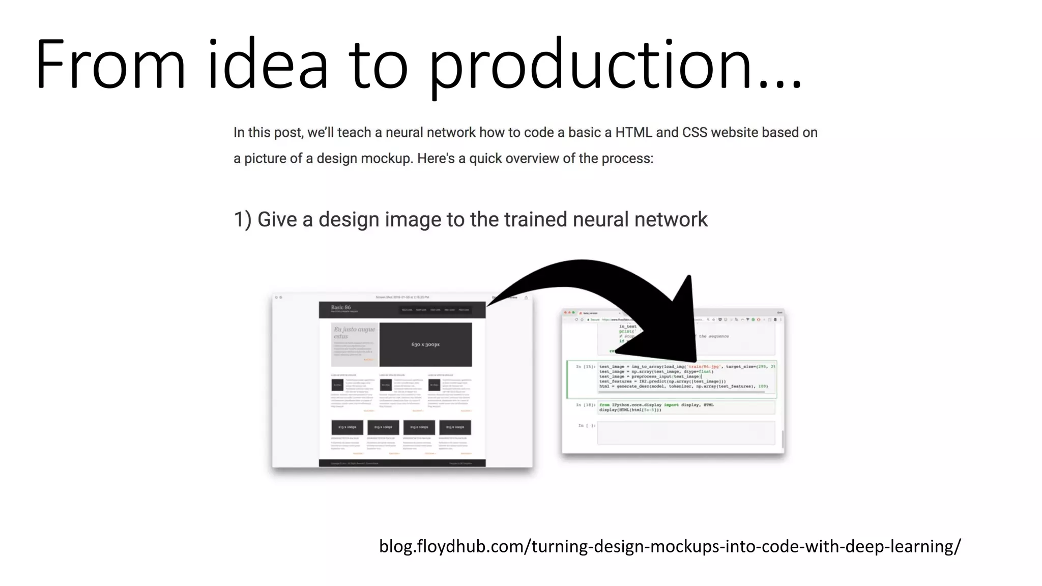 We built an initial prototype using about a dozen hand-drawn
components as training data, open source machine learning
algorithms, and a small amount of intermediary code to render
components from our design system into the browser. We were
pleasantly surprised with the result:
blog.floydhub.com/turning-design-mockups-into-code-with-deep-learning/
 