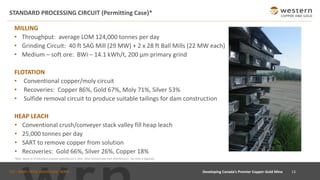 TSX : WRN I NYSE AMERICAN : WRN
STANDARD PROCESSING CIRCUIT (Permitting Case)*
13
MILLING
• Throughput: average LOM 124,000 tonnes per day
• Grinding Circuit: 40 ft SAG Mill (29 MW) + 2 x 28 ft Ball Mills (22 MW each)
• Medium – soft ore: BWi – 14.1 kWh/t, 200 µm primary grind
FLOTATION
• Conventional copper/moly circuit
• Recoveries: Copper 86%, Gold 67%, Moly 71%, Silver 53%
• Sulfide removal circuit to produce suitable tailings for dam construction
HEAP LEACH
• Conventional crush/conveyer stack valley fill heap leach
• 25,000 tonnes per day
• SART to remove copper from solution
• Recoveries: Gold 66%, Silver 26%, Copper 18%
Developing Canada’s Premier Copper-Gold Mine
*Note: Based on YESAB project proposal submitted Jan 3, 2014. Other technical data from 2020 Resource. See notes in Appendix.
 