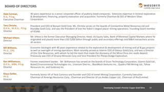 TSX : WRN I NYSE AMERICAN : WRN
BOARD OF DIRECTORS
Dale Corman,
B.Sc, P.Eng.
Executive Chairman
40 years experience as a senior corporate officer of publicly listed companies. Extensive expertise in mineral exploration
& development, financing, property evaluation and acquisition. Formerly Chairman & CEO of Western Silver
Corporation.
Michael Vitton,
Director
Mr. Vitton is the former Executive Managing Director, Head, US Equity Sales, Bank of Montreal Capital Markets where he
originated and placed more than USD $200 billion through public and secondary offerings and M&A transactions across
all sectors.
Klaus Zeitler,
Ph.D.
Director
Formerly Senior VP of Teck Cominco and founder and CEO of Inmet Mining Corporation. Currently Executive
Chairman of Amerigo Resources Corp., Chairman and Director of Los Andes Copper Ltd., Chairman of Rio2Limited
President and CEO of Banyan Gold Corp. Ms. Christie serves on the boards of Constantine Metal Resources Ltd and
Klondike Gold Corp. and was the President of one the Yukon's largest placer mining operations. Founding board member
of YESAB.
Tara Christie,
B.A.Sc., M.A.Sc., P.Eng
Director
Ken WIlliamson,
B.A.Sc., MBA, P.Eng
Director
Former investment banker. Mr. Williamson has served on the boards of Eicon Technology Corporation, Glamis Gold Ltd.,
BioteQ Environmental Technologies Inc., Uranium One Inc., BlackRock Ventures Inc., Quadra FNX Mining Ltd., Tahoe
Resources Inc. and Goldcorp Inc.
29Developing Canada’s Premier Copper-Gold Mine
Bill Williams,
Ph.D., CPG
Director
Economic Geologist with 40 years experience related to the exploration & development of mining and oil & gas projects
as well as oversight of mining operations. Most recently served as Interim CEO of Detour Gold Corp, and was a Director
of Zinc One Resources, with whom he led the team that made the discovery of the Mina Chica zinc-oxide deposit.
Previously was CEO of Orvana Minerals Corp and Vice President for Phelps Dodge Exploration.
 