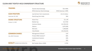 TSX : WRN I NYSE AMERICAN : WRN
CLEAN AND TIGHTLY-HELD OWNERSHIP STRUCTURE
Share Price C$ 1.49
Market Cap C$ 172M
Common Shares 115,769,335
Options 6,875,000
Warrants 1,500,000
Fully Diluted 124,144,335
Management & Board 12%
Private HNW Investors* 48%
Institutional Investors 10%
Other 30%
Net Smelter Return (NSR) 2.75%
CASH POSITION
September 30, 2020
SHARE STRUCTURE
October 31, 2020
COMMON SHARES
July, 2020 (*estimate)
TRADING Toronto Stock Exchange TSX: WRN
NYSE American Stock Exchange NYSE American: WRN
Cash & Short Term Investments C$ 2.9 million
Short/Long Term Debt $Nil
3Developing Canada’s Premier Copper-Gold Mine
ROYALTY (OSISKO GOLD ROYALTIES)
 