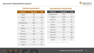 TSX : WRN I NYSE AMERICAN : WRN
EXCELLENT CONCENTRATE QUALITY
Element Avg Value Unit
Copper 28 %
Gold 25 g/t
Silver 120 g/t
Molybdenum 0.05 %
Iron 26 %
Sulphur 36 %
Arsenic 200 g/t
Antimony 250 g/t
Mercury 1 g/t
Cadmium 40 g/t
Fluorine 100 g/t
Silica 2 %
Element Avg Value Unit
Molybdenum 57.4 %
Copper 0.39 %
Rhenium 133.5 g/t
Iron 0.8 %
Sulphur 37.9 %
Arsenic 1659 g/t
Antimony 100 g/t
Mercury <1 g/t
Cadmium 30 g/t
Fluorine ND g/t
Silicon 1.74 %
COPPER CONCENTRATE MOLYBDENUM CONCENTRATE
Note: Based on Casino Feasibility Study. See “Notes” in Appendix.
31Developing Canada’s Premier Copper-Gold Mine
 