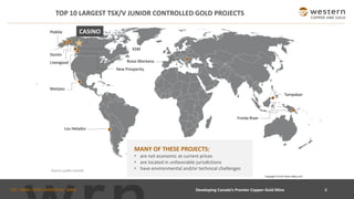 TSX : WRN I NYSE AMERICAN : WRN 8
TOP 10 LARGEST TSX/V JUNIOR CONTROLLED GOLD PROJECTS
Developing Canada’s Premier Copper-Gold Mine
Copyright © Free Vector Maps.com
Pebble
KSM
Tampakan
Source: public records.
Donlin
Metates
Rosia Montana
Los Helados
Livengood
New Prosperity
Freida River
MANY OF THESE PROJECTS:
• are not economic at current prices
• are located in unfavorable jurisdictions
• have environmental and/or technical challenges
CASINO
 