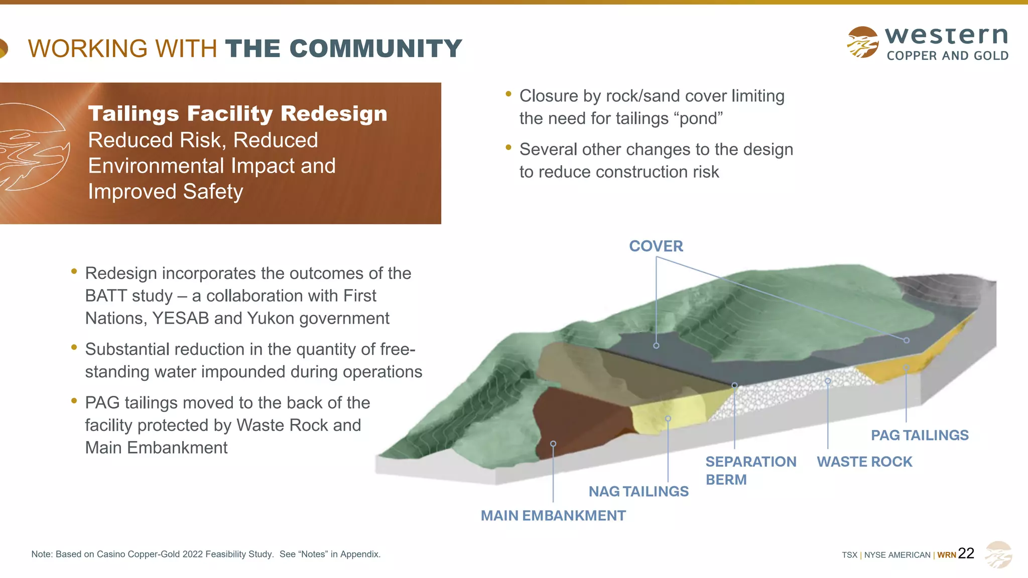 TSX | NYSE AMERICAN | WRN
WORKING WITH THE COMMUNITY
• Closure by rock/sand cover limiting
the need for tailings “pond”
• Several other changes to the design
to reduce construction risk
Tailings Facility Redesign
Reduced Risk, Reduced
Environmental Impact and
Improved Safety
• Redesign incorporates the outcomes of the
BATT study – a collaboration with First
Nations, YESAB and Yukon government
• Substantial reduction in the quantity of free-
standing water impounded during operations
• PAG tailings moved to the back of the
facility protected by Waste Rock and
Main Embankment
22
Note: Based on Casino Copper-Gold 2022 Feasibility Study. See “Notes” in Appendix.
 