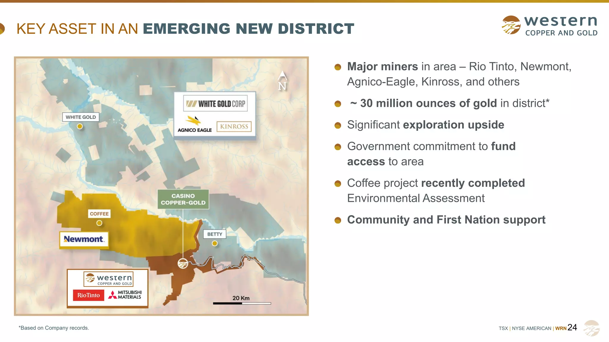 TSX | NYSE AMERICAN | WRN 24
KEY ASSET IN AN EMERGING NEW DISTRICT
*Based on Company records.
Major miners in area – Rio Tinto, Newmont,
Agnico-Eagle, Kinross, and others
~ 30 million ounces of gold in district*
Significant exploration upside
Government commitment to fund
access to area
Coffee project recently completed
Environmental Assessment
Community and First Nation support
 