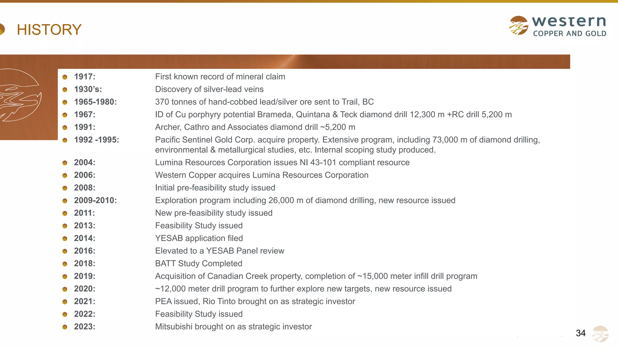 TSX | NYSE AMERICAN | WRN
HISTORY
1917: First known record of mineral claim
1930’s: Discovery of silver-lead veins
1965-1980: 370 tonnes of hand-cobbed lead/silver ore sent to Trail, BC
1967: ID of Cu porphyry potential Brameda, Quintana & Teck diamond drill 12,300 m +RC drill 5,200 m
1991: Archer, Cathro and Associates diamond drill ~5,200 m
1992 -1995: Pacific Sentinel Gold Corp. acquire property. Extensive program, including 73,000 m of diamond drilling,
environmental & metallurgical studies, etc. Internal scoping study produced.
2004: Lumina Resources Corporation issues NI 43-101 compliant resource
2006: Western Copper acquires Lumina Resources Corporation
2008: Initial pre-feasibility study issued
2009-2010: Exploration program including 26,000 m of diamond drilling, new resource issued
2011: New pre-feasibility study issued
2013: Feasibility Study issued
2014: YESAB application filed
2016: Elevated to a YESAB Panel review
2018: BATT Study Completed
2019: Acquisition of Canadian Creek property, completion of ~15,000 meter infill drill program
2020: ~12,000 meter drill program to further explore new targets, new resource issued
2021: PEA issued, Rio Tinto brought on as strategic investor
2022: Feasibility Study issued
2023: Mitsubishi brought on as strategic investor
34
 
