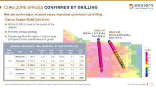 TSX | NYSE AMERICAN | WRN
CORE ZONE GRADES CONFIRMED BY DRILLING
Casino Copper-Gold Core Zone
800 m X 500 m zone in the centre of the
deposit
Primarily breccia geology
Grades significantly higher in this zone as
compared to the overall resource grade
13
Note: See News Release dated November 29, 2021. Resource from Casino Copper-Gold 2022 Feasibility Study. See “Notes” in Appendix.
DDH21-09
65.8 m 2.53% CuEq
from 10.6 m
DDH21-07
289.6 m 1.01% CuEq
from 36.6 m
CuEq
1.0
0.8
0.6
0.4
0.3
0.2
0.1
Results confirmed or, in some cases, improved upon historical drilling
MINERAL RESOURCE - MILL MATERIAL BY NSR CUTOFF (C$)
NSR
Cog ($/t)
Class Mt
Copper
(%)
Gold
(g/t)
Moly
(%)
Silver
(g/t)
CuEq
(%)
6.11
Measured 144.9 0.30 0.38 0.024 2.1 0.64
Indicated 2,114.2 0.14 0.16 0.015 1.4 0.29
M+I 2,259.0 0.15 0.18 0.016 1.4 0.31
30
Measured 102.3 0.35 0.46 0.029 2.3 0.77
Indicated 328.2 0.26 0.29 0.030 2.2 0.52
M+I 430.5 0.28 0.33 0.029 2.2 0.58
 