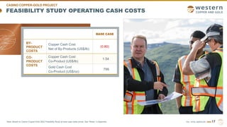 TSX | NYSE AMERICAN | WRN
BASE CASE
BY-
PRODUCT
COSTS
Copper Cash Cost
Net of By-Products (US$/lb)
(0.80)
CO-
PRODUCT
COSTS
Copper Cash Cost
Co-Product (US$/lb)
1.54
Gold Cash Cost
Co-Product (US$/oz)
799
FEASIBILITY STUDY OPERATING CASH COSTS
17
Note: Based on Casino Copper-Gold 2022 Feasibility Study at base case metal prices. See “Notes” in Appendix.
CASINO COPPER-GOLD PROJECT
 
