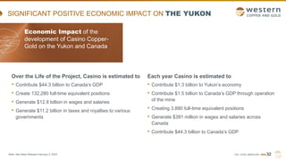 TSX | NYSE AMERICAN | WRN
SIGNIFICANT POSITIVE ECONOMIC IMPACT ON THE YUKON
Economic Impact of the
development of Casino Copper-
Gold on the Yukon and Canada
Over the Life of the Project, Casino is estimated to
• Contribute $44.3 billion to Canada’s GDP
• Create 132,280 full-time equivalent positions
• Generate $12.8 billion in wages and salaries
• Generate $11.2 billion in taxes and royalties to various
governments
32
Note: See News Release February 2, 2023
Each year Casino is estimated to
• Contribute $1.3 billion to Yukon’s economy
• Contribute $1.5 billion to Canada’s GDP through operation
of the mine
• Creating 3,880 full-time equivalent positions
• Generate $391 million in wages and salaries across
Canada
• Contribute $44.3 billion to Canada’s GDP
 
