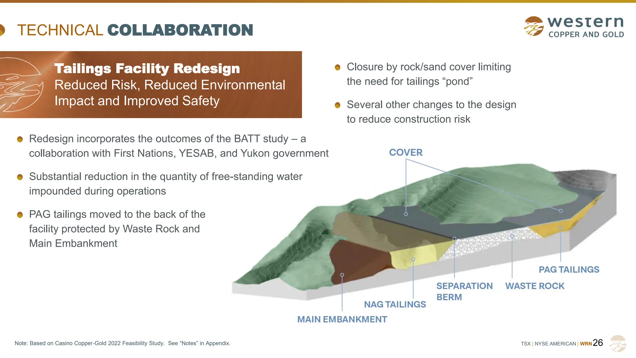 TSX | NYSE AMERICAN | WRN
TECHNICAL COLLABORATION
Tailings Facility Redesign
Reduced Risk, Reduced Environmental
Impact and Improved Safety
26
Redesign incorporates the outcomes of the BATT study – a
collaboration with First Nations, YESAB, and Yukon government
Substantial reduction in the quantity of free-standing water
impounded during operations
PAG tailings moved to the back of the
facility protected by Waste Rock and
Main Embankment
Closure by rock/sand cover limiting
the need for tailings “pond”
Several other changes to the design
to reduce construction risk
Note: Based on Casino Copper-Gold 2022 Feasibility Study. See “Notes” in Appendix.
 