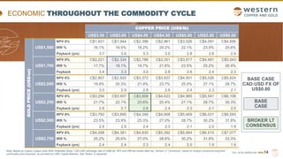 TSX | NYSE AMERICAN | WRN
ECONOMIC THROUGHOUT THE COMMODITY CYCLE
14
BASE
CASE
BROKER LT
CONSENSUS
BASE CASE
CAD:USD FX OF
US$0.80
US$3.50 US$3.60 US$4.00 US$4.50 US$5.00 US$5.50 US$6.00
NPV 8% C$1,831 C$1,944 C$2,396 C$2,961 C$3,526 C$4,091 C$4,656
IRR % 16.1% 16.5% 18.2% 20.2% 22.1% 23.9% 25.6%
Payback (yrs) 3.7 3.6 3.3 3.0 2.8 2.6 2.4
NPV 8% C$2,221 C$2,334 C$2,786 C$3,351 C$3,917 C$4,481 C$5,043
IRR % 17.7% 18.1% 19.7% 21.6% 23.5% 25.2% 26.9%
Payback 3.4 3.3 3.0 2.8 2.6 2.4 2.3
NPV 8% C$2,807 C$2,920 C$3,372 C$3,937 C$4,501 C$5,026 C$5,624
IRR % 19.9% 20.3% 21.9% 23.7% 25.5% 27.1% 28.7%
Payback (yrs) 3.0 2.9 2.8 2.6 2.4 2.3 2.1
NPV 8% C$3,294 C$3,407 C$3,859 C$4,423 C$4,985 C$5,547 C$6,108
IRR % 21.7% 22.1% 23.6% 25.4% 27.1% 28.7% 30.3%
Payback (yrs) 2.8 2.7 2.6 2.4 2.3 2.1 2.0
NPV 8% C$3,782 C$3,895 C$4,346 C$4,908 C$5,469 C$6,031 C$6,593
IRR % 23.5% 23.9% 25.3% 27.0% 28.7% 30.2% 31.8%
Payback (yrs) 2.6 2.5 2.4 2.3 2.1 2.0 1.9
NPV 8% C$4,268 C$4,381 C$4,830 C$5,392 C$5,954 C$6,515 C$7,077
IRR % 25.2% 25.6% 27.0% 28.6% 30.2% 31.8% 33.3%
Payback (yrs) 2.4 2.4 2.3 2.4 2.0 1.9 1.9
US$2,750
COPPER PRICE (US$/lb)
GOLD
PRICE
(US$/oz)
US$1,500
US$1,700
US$2,000
US$2,250
US$2,500
Note: Based on Casino Copper-Gold 2022 Feasibility Study. CAD:USD exchange rate of US$0.80. NPV and IRR are shown after-tax. “Broker LT Consensus” based on analyst consensus long-term
commodity price forecasts, as provided by CIBC Capital Markets. See “Notes” in Appendix.
 